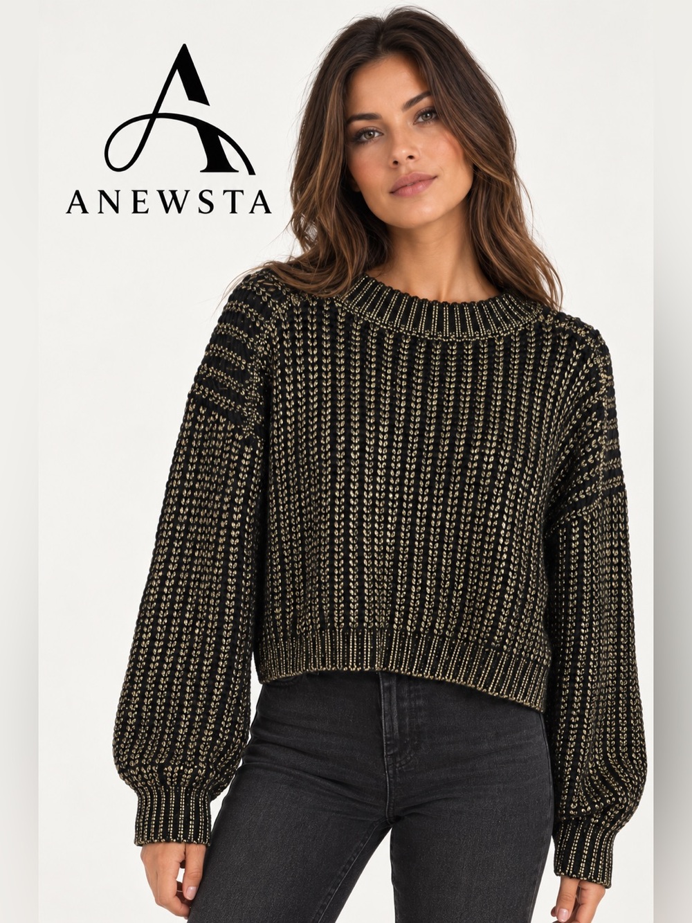 Anewsta Black Metallic Gold Cropped Knit Pullover Sweater Size M